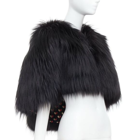LOUIS VUITTON black fox fur leather belt heart lined cape shawl FR34 XS - Picture 3 of 9